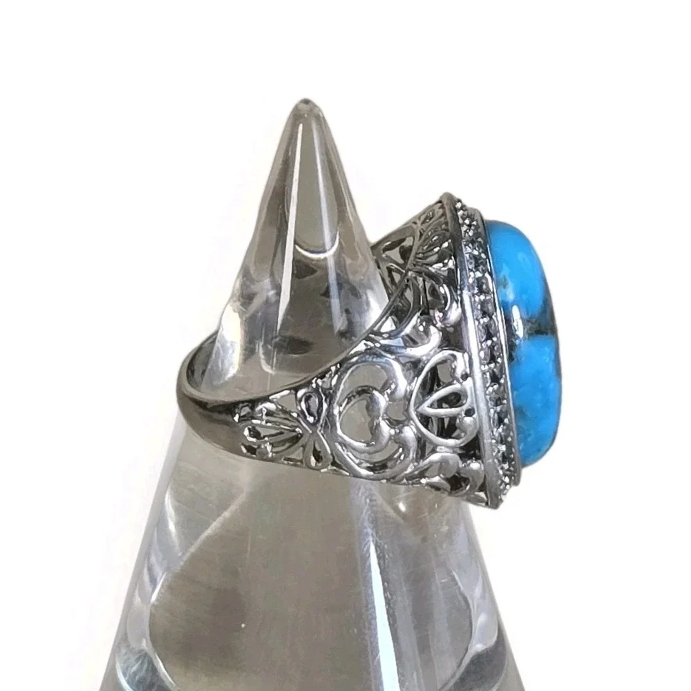 QVC Sterling Kingman Turquoise White Zircon Halo Silver Fillagree Ring Sz 8